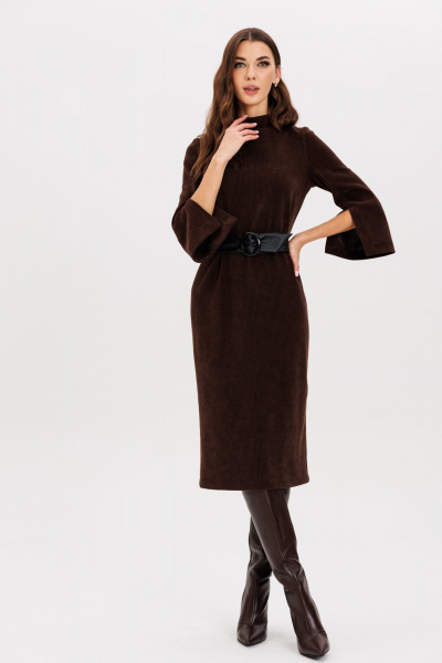 Стильное платье с поясом и разрезами из трикотажа AVEEVA 5211 шоколадный - фото 10