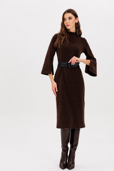 Стильное платье с поясом и разрезами из трикотажа AVEEVA 5211 шоколадный - фото 9