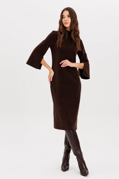 Стильное платье с поясом и разрезами из трикотажа AVEEVA 5211 шоколадный - фото 6