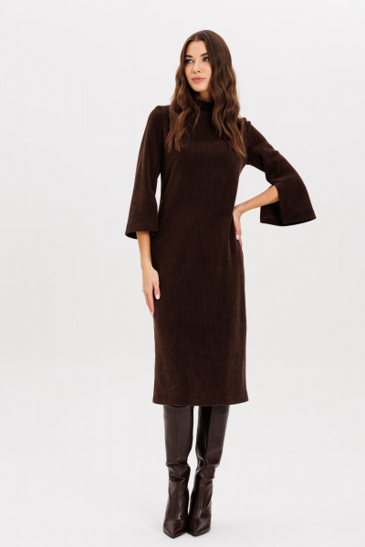 Стильное платье с поясом и разрезами из трикотажа AVEEVA 5211 шоколадный - фото 5