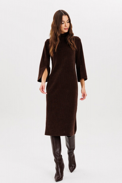 Стильное платье с поясом и разрезами из трикотажа AVEEVA 5211 шоколадный - фото 3