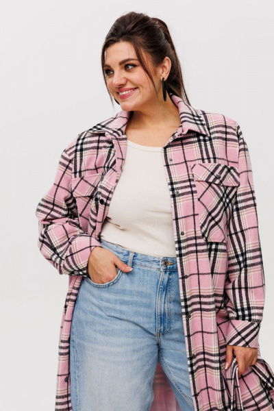 Рубашка в клетку на подкладке, с поясом, длина миди Anelli 1338 розовый_кизил - фото 8