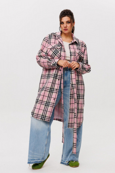 Рубашка в клетку на подкладке, с поясом, длина миди Anelli 1338 розовый_кизил - фото 6