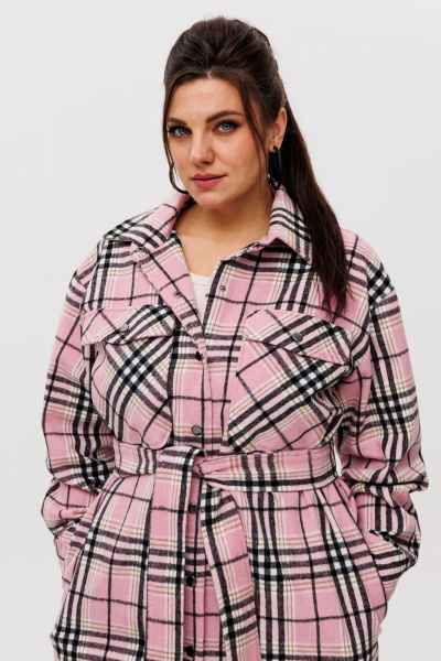 Рубашка в клетку на подкладке, с поясом, длина миди Anelli 1338 розовый_кизил - фото 3