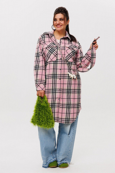 Рубашка в клетку на подкладке, с поясом, длина миди Anelli 1338 розовый_кизил - фото 2
