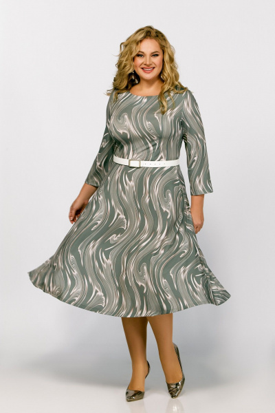 Платье из вискозы с талиевыми выточками, юбка А-силуэта Swallow 788 шалфей,принт«светлые_разводы» - фото 4