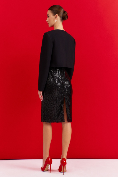 Нарядный костюм из текстиля: жакет и платье с разрезом DILIA 0907 черный - фото 2