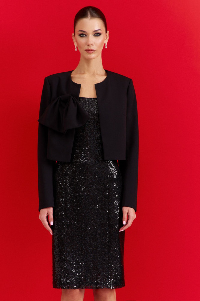 Нарядный костюм из текстиля: жакет и платье с разрезом DILIA 0907 черный - фото 3