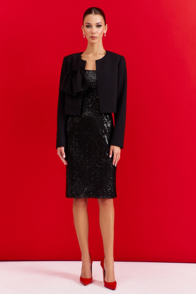 Нарядный костюм из текстиля: жакет и платье с разрезом DILIA 0907 черный - фото 1