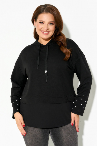 Черный трикотажный джемпер с капюшоном и декоративными бусинами IVA 1636 - фото 1