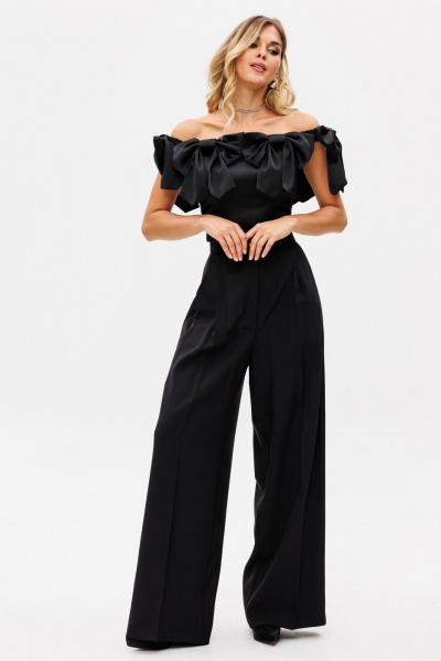 Палаццо из костюмной ткани с лампасами из атласа для нарядных образов EOLA 2530 черный - фото 15