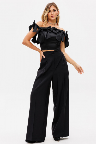 Палаццо из костюмной ткани с лампасами из атласа для нарядных образов EOLA 2530 черный - фото 1