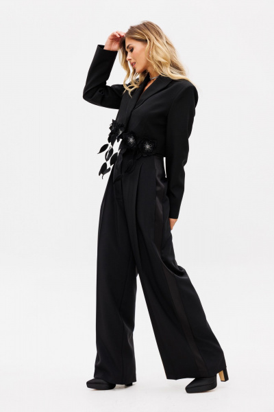 Палаццо из костюмной ткани с лампасами из атласа для нарядных образов EOLA 2530 черный - фото 14