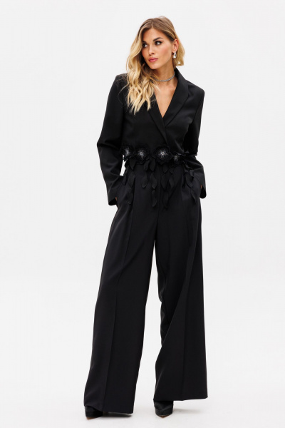 Палаццо из костюмной ткани с лампасами из атласа для нарядных образов EOLA 2530 черный - фото 13