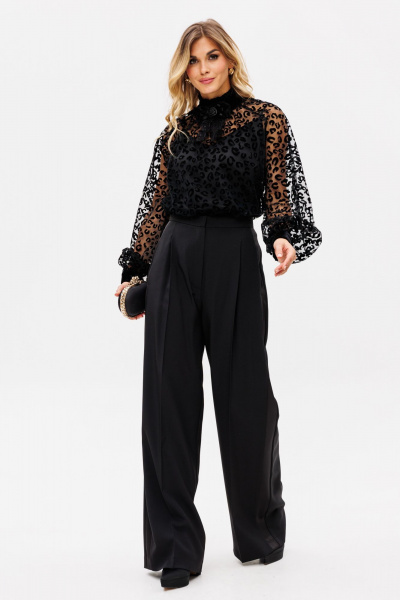 Палаццо из костюмной ткани с лампасами из атласа для нарядных образов EOLA 2530 черный - фото 10