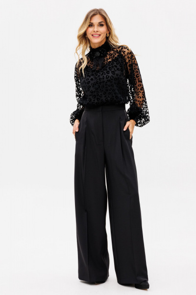 Палаццо из костюмной ткани с лампасами из атласа для нарядных образов EOLA 2530 черный - фото 9