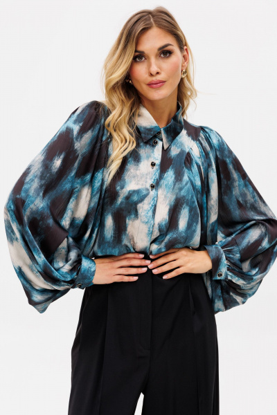 Блузка из атласа с принтом и разрезами по бокам EOLA 2766 изумрудный_принт - фото 1