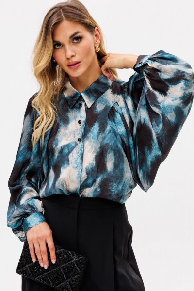 Блузка из атласа с принтом и разрезами по бокам EOLA 2766 изумрудный_принт - фото 7