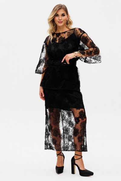 Комплект блузка и юбка из текстиля с цветочной аппликацией EOLA 2762 черный - фото 11