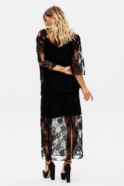 Комплект блузка и юбка из текстиля с цветочной аппликацией EOLA 2762 черный - фото 2