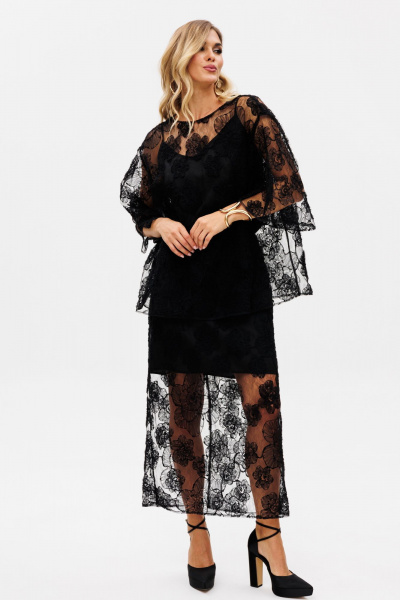 Комплект блузка и юбка из текстиля с цветочной аппликацией EOLA 2762 черный - фото 8