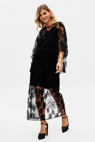 Комплект блузка и юбка из текстиля с цветочной аппликацией EOLA 2762 черный - фото 7