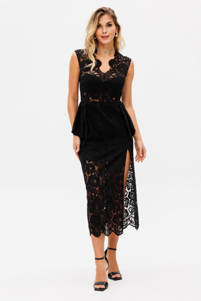 Миди платье приталенное из гипюра с баской EOLA 2761 черный - фото 1