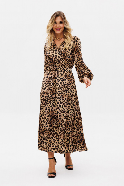 Платье с анималистичным принтом и складками миди EOLA 2750 бежевый-леопард - фото 12