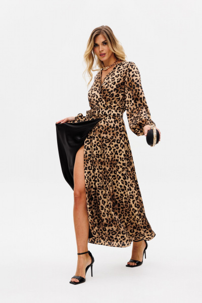 Платье с анималистичным принтом и складками миди EOLA 2750 бежевый-леопард - фото 9
