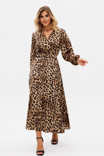 Платье с анималистичным принтом и складками миди EOLA 2750 бежевый-леопард - фото 8