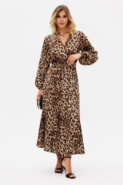 Платье с анималистичным принтом и складками миди EOLA 2750 бежевый-леопард - фото 7