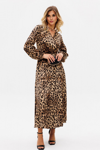Платье с анималистичным принтом и складками миди EOLA 2750 бежевый-леопард - фото 5
