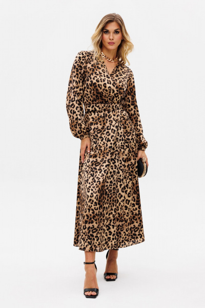 Платье с анималистичным принтом и складками миди EOLA 2750 бежевый-леопард - фото 2