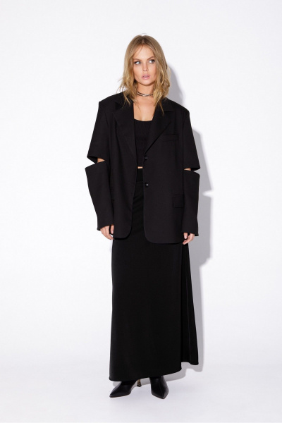 Текстильный костюм двойка оверсайз жакет и атласная юбка PiRS 5551 черный - фото 3