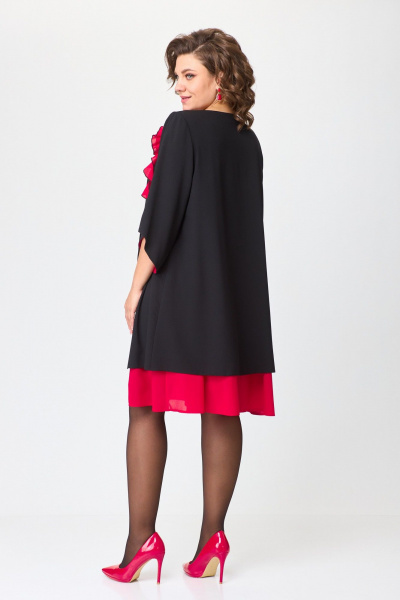 Нарядное расклешённое платье с отделкой и разрезом БАГРЯНИЦА 3154 черный+красный - фото 4