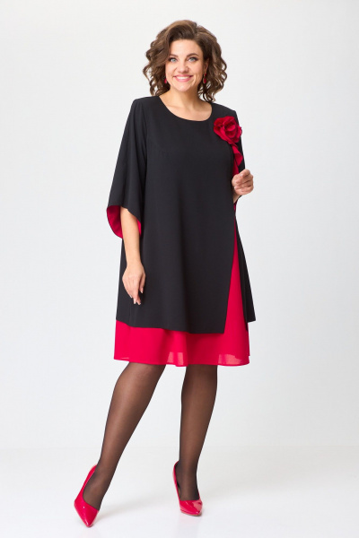 Нарядное расклешённое платье с отделкой и разрезом БАГРЯНИЦА 3154 черный+красный - фото 3