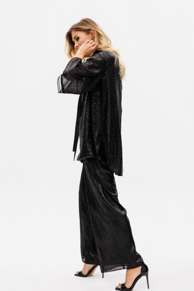 Круглогодичный нарядный комплект блузки и брюк из трикотажа с пайетками EOLA 2742 черный - фото 17