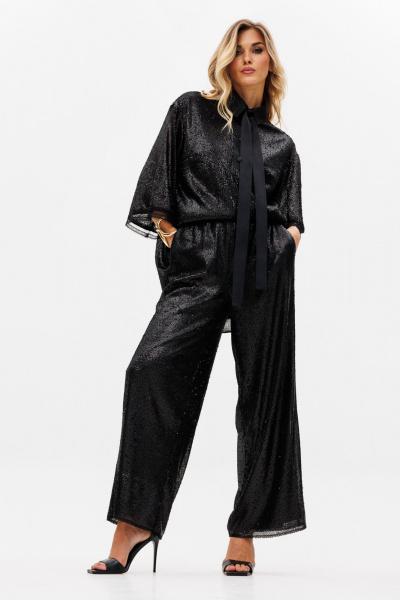 Круглогодичный нарядный комплект блузки и брюк из трикотажа с пайетками EOLA 2742 черный - фото 16