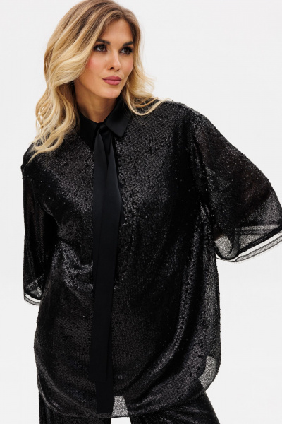 Круглогодичный нарядный комплект блузки и брюк из трикотажа с пайетками EOLA 2742 черный - фото 12