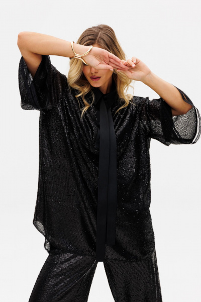 Круглогодичный нарядный комплект блузки и брюк из трикотажа с пайетками EOLA 2742 черный - фото 9