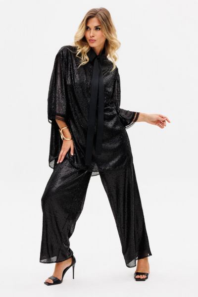 Круглогодичный нарядный комплект блузки и брюк из трикотажа с пайетками EOLA 2742 черный - фото 8