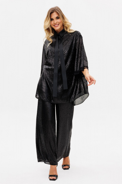 Круглогодичный нарядный комплект блузки и брюк из трикотажа с пайетками EOLA 2742 черный - фото 7