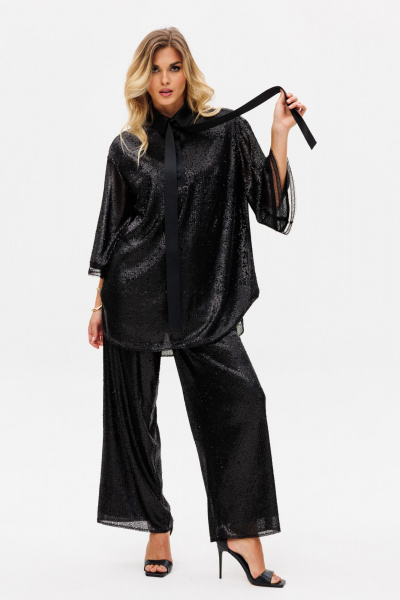 Круглогодичный нарядный комплект блузки и брюк из трикотажа с пайетками EOLA 2742 черный - фото 6