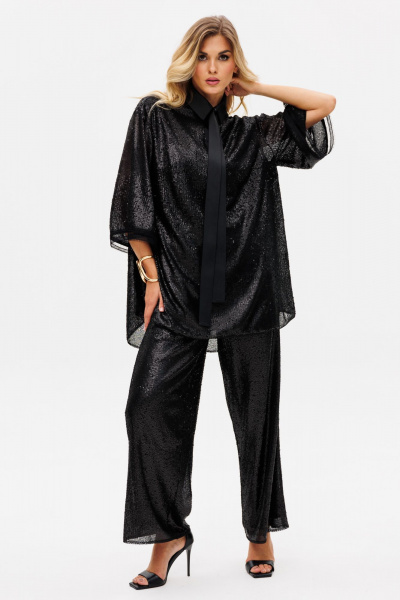 Круглогодичный нарядный комплект блузки и брюк из трикотажа с пайетками EOLA 2742 черный - фото 4