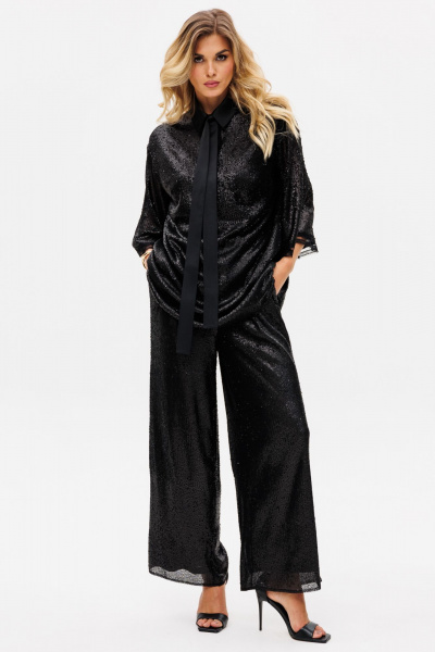 Круглогодичный нарядный комплект блузки и брюк из трикотажа с пайетками EOLA 2742 черный - фото 1