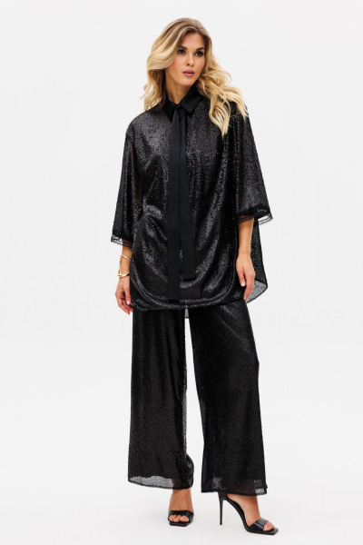 Круглогодичный нарядный комплект блузки и брюк из трикотажа с пайетками EOLA 2742 черный - фото 2