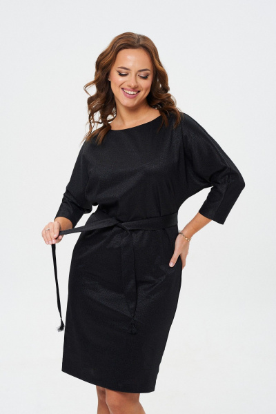 Платье приталенное из трикотажа с поясом и вырезом TVIN 7713 черный - фото 5