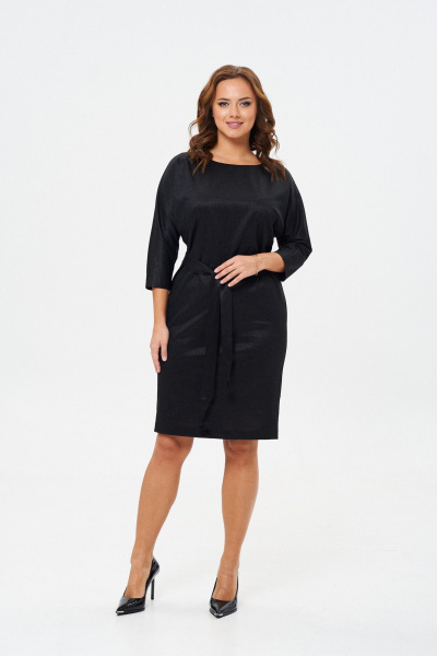 Платье приталенное из трикотажа с поясом и вырезом TVIN 7713 черный - фото 2