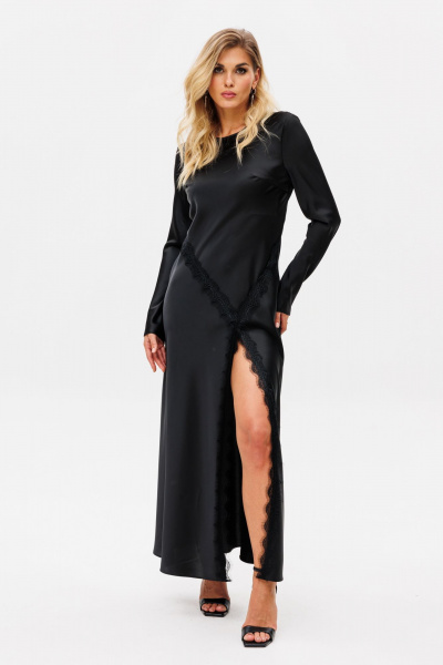 Черное нарядное платье из атласа с асимметричным разрезом EOLA 2740 черный - фото 7