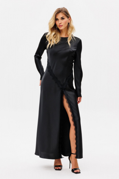 Черное нарядное платье из атласа с асимметричным разрезом EOLA 2740 черный - фото 6